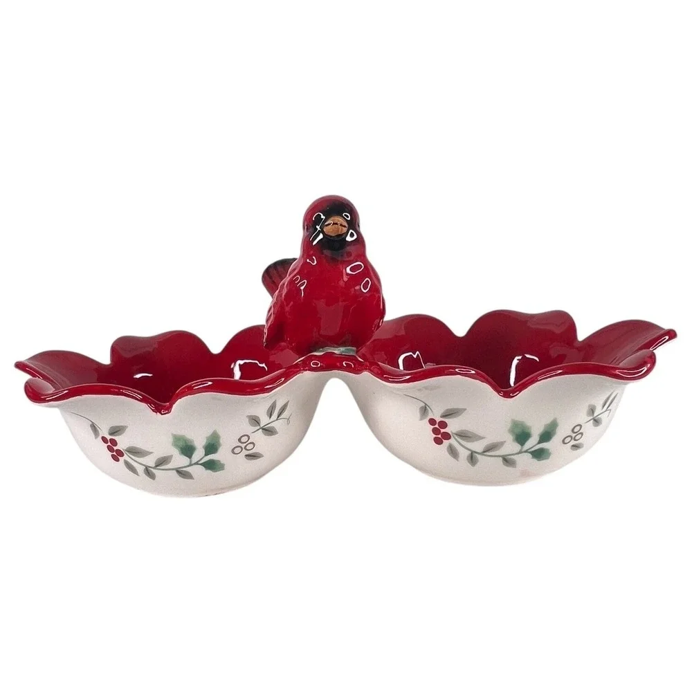 Pfaltzgraff Winterberry 2 Section Cardinal Server Bowl Snack Candy Dish Xmas